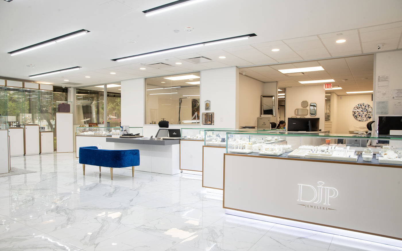 DJP Diamonds Houston showroom entrance showcasing elegant displays of luxury diamonds and fine jewelry